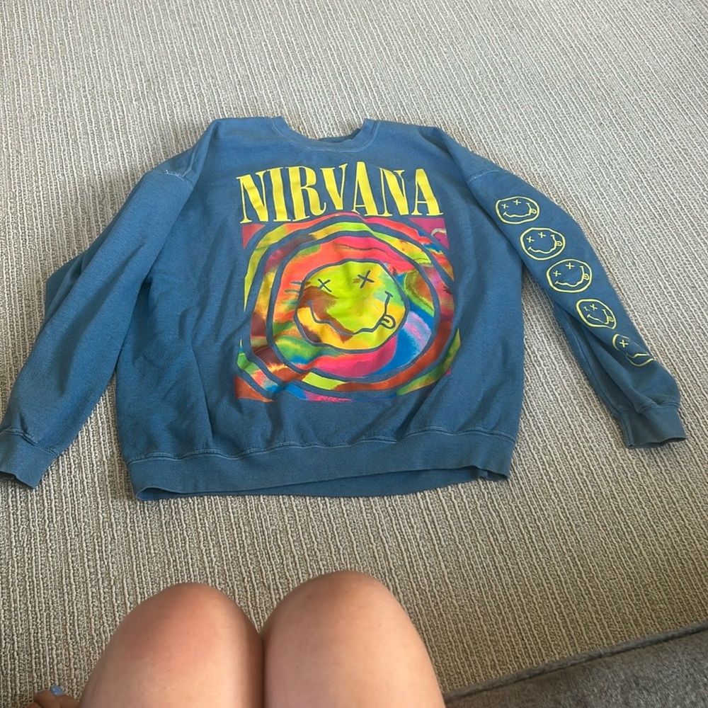 NIRVANA Blue Sweatshirt with Colorful Swirl Design